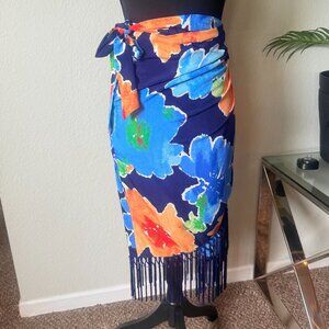 LRL Ralph Lauren Faux Wrap Floral Fringed Skirt (Blue, Orange & Red)